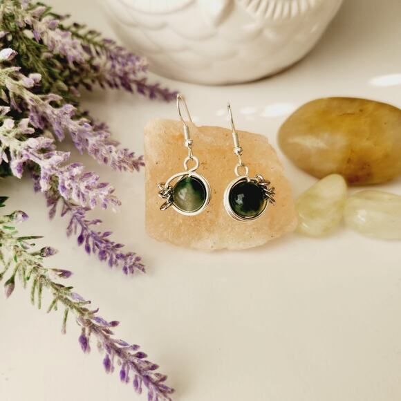 Green Natural Jade Stone Earrings, Silver Plated Wire Wrapped Earrings - Picture 9 of 12